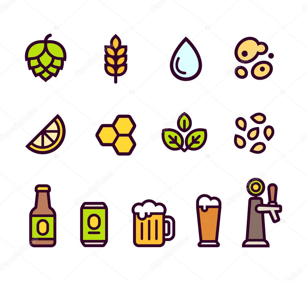 Beer icon set. Beer brewing ingredients and flavorings, serving glasses and containers.