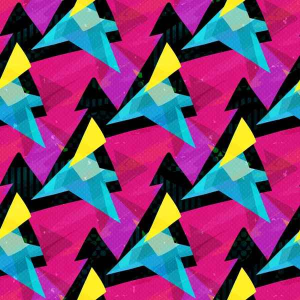 Pink blue and yellow triangles on a black background seamless pattern — Stock Vector