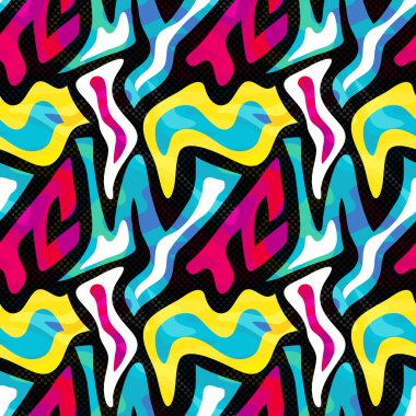 Kentsel öğeleri, scuffed, damla, spreyler, üçgenler, neon sprey boya ile soyut kesintisiz geometrik desen. Grunge doku arka plan.