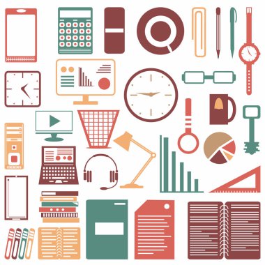 Sembollerin renkli ofis aksesuar koleksiyonu