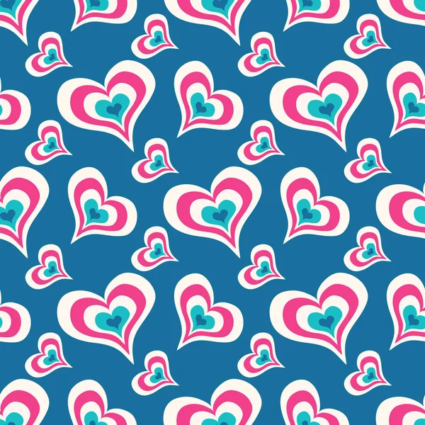 Gekleurde hartjes op een blauwe achtergrond naadloze Valentijnsdag patroon voor uw ontwerp vector illustratie van hoge kwaliteit — Stockvector