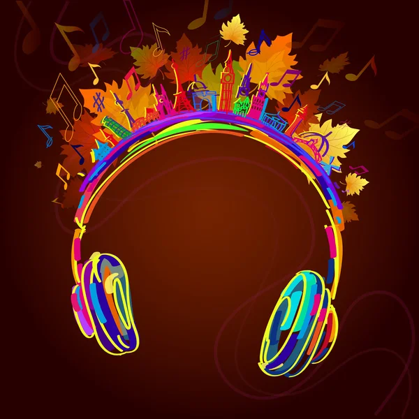 Autumn leaves and headphones music. — Stock Vector