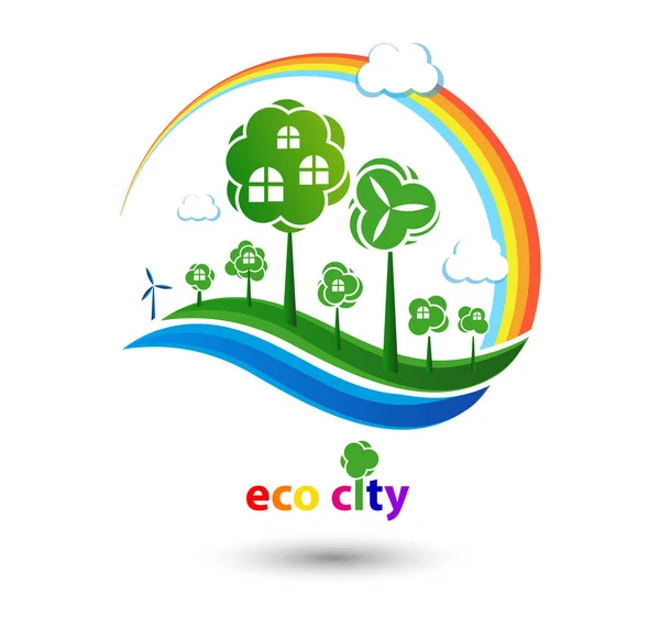 Green eco world with private houses, wind turbines — Stock Vector