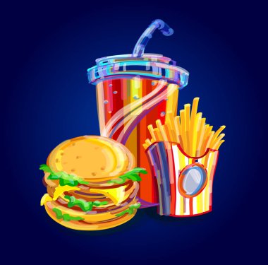 Patates kızartması, hamburger ve soda paket servisi olan restoran vektör çizim.