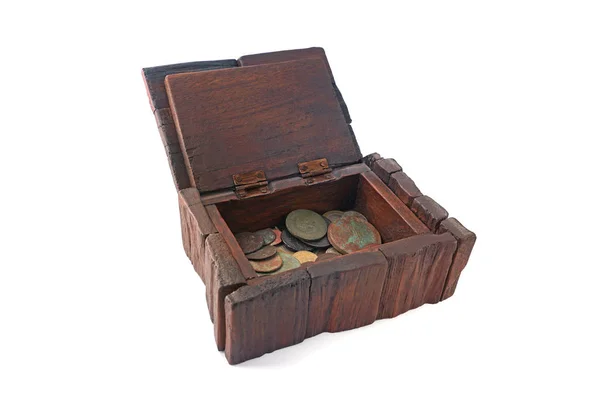 Old wooden box with old coins — 스톡 사진