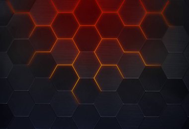 Siyah kiremit dokusu altıgen bal peteği deseni ve kırmızı ışık. Koyu arkaplan.                                