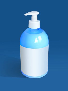 Mavi arka planda pompa şişesinde alkol el dezenfektanı jeli. Tasarımınız için 3D illüstrasyon                            