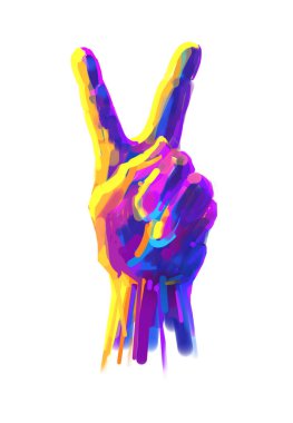 El işareti zafer ya da barış. Eğlenceli çıkartma. Renkli eğlence etiketi - Zafer ya da Yıldızlı Barış tabelası verin. 