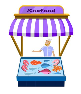 Yerel pazarlar. Taze balık ve deniz ürünleri. Beyaz arkaplanda izole edilmiş alışveriş yerleri.