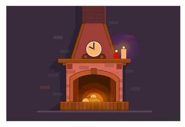 Kış şenlik ateşi. Klasik şömine, yanan parlak ateş ve yanan kütükler. Rahatlamak ve rahatlamak için ev şöminesi. Düz biçimli vektör illüstrasyonu