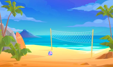 Voleybol ağı ve topuyla tropikal plajın güzel manzarası. Düz Tasarım Biçimi.