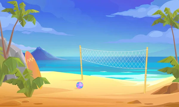 带着排球网和球的热带海滩美景 平面设计风格 — 图库矢量图片