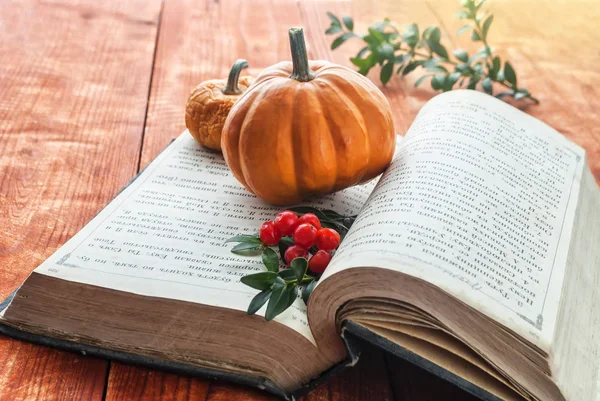 Pumpkin for Halloween and the old book — Stock Photo, Image