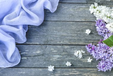 Eflatun çiçekler ve eski bir ahşap yüzey üzerinde hafif doku