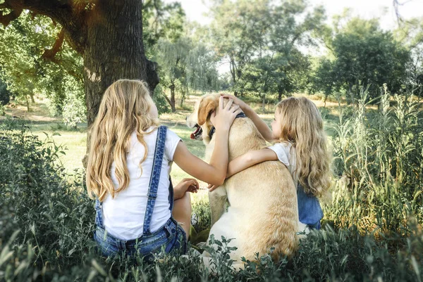 Zwei Mädchen sitzen mit einem Hund in einem Sommerpark — Stockfoto