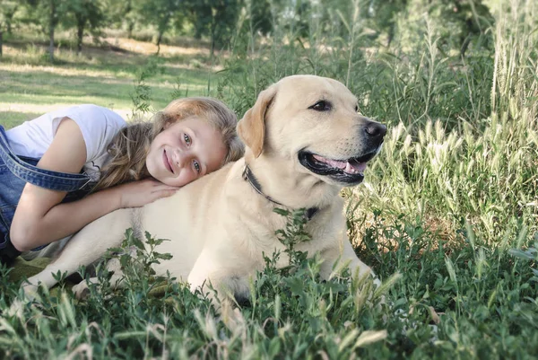 Schönes Mädchen mit Hund in einem Sommerpark — Stockfoto