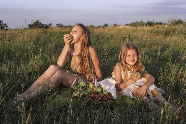 Due ragazze sono sedute in un campo — Foto Stock