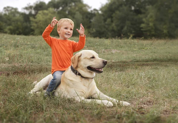 Little boy sits astride dog on walk in park. Copyspace — Stock Photo, Image