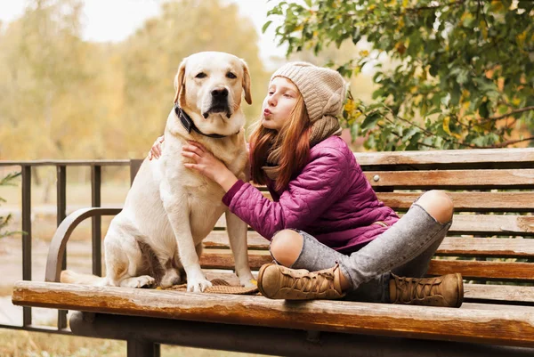 Retrato de una hermosa chica con su perro mientras pasea en el parque de otoño —  Fotos de Stock