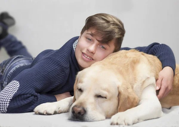 genç bir çocuk ve labrador