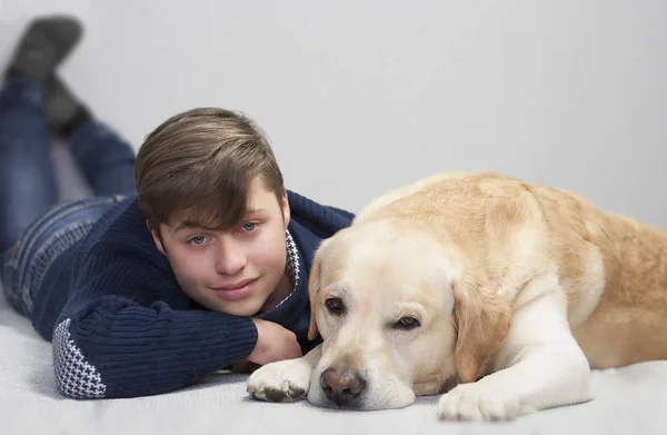 Jugendlicher Junge und gelber Labrador — Stockfoto