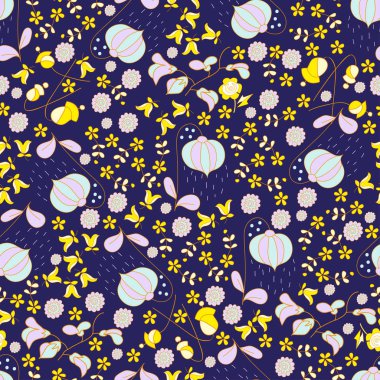 Renkli soyut çiçek seamless modeli üzerinde mavi bac çizilmiş