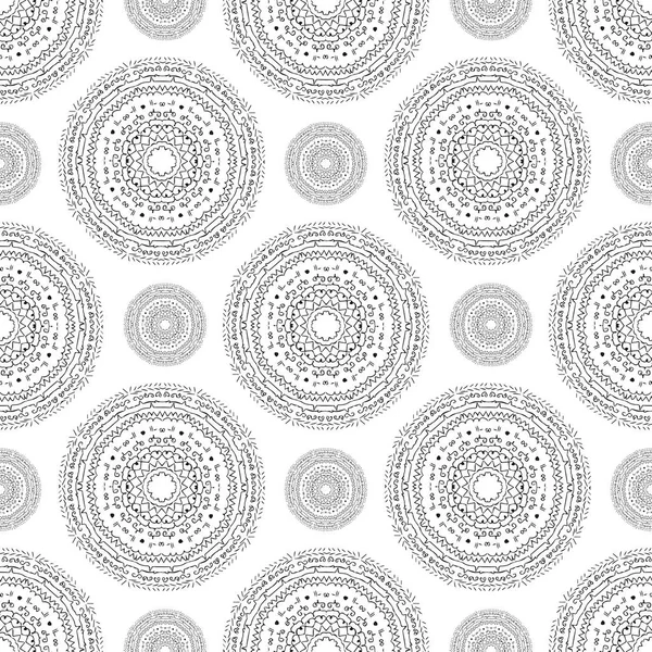 Hand getrokken schets mandala abstracte naadloze patroon zwart en w — Stockvector