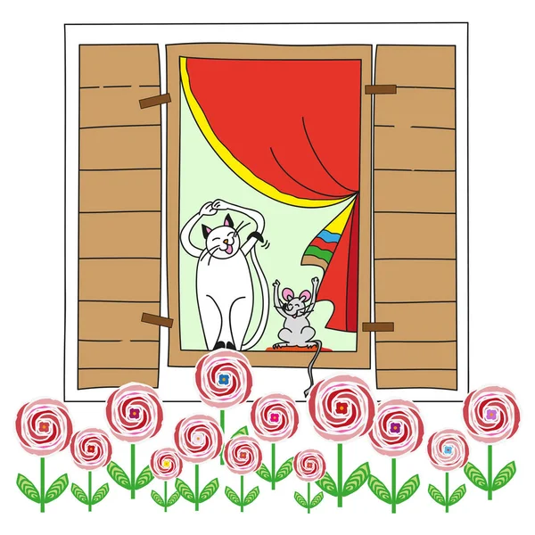 Dibujado a mano ilustración divertida gato con el ratón en la ventana . — Vector de stock