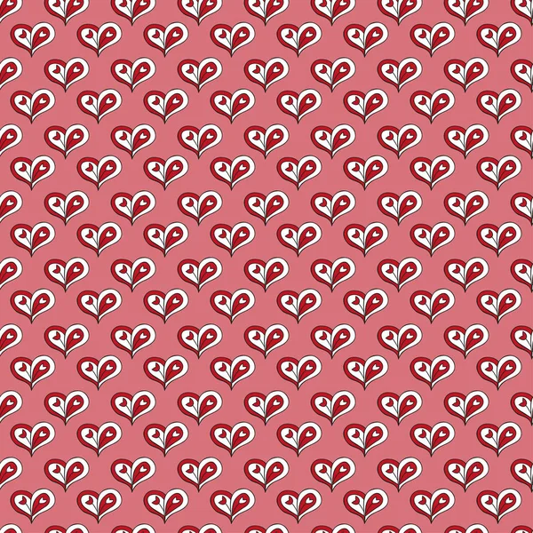 Coeur motif sans couture dessiné à la main rouge et blanche sur fond rose — Image vectorielle