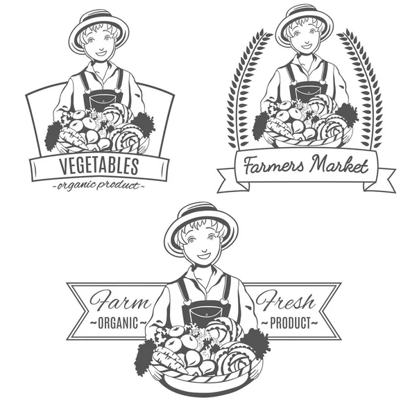 Conjunto de logotipo vectorial con mujer agricultora . Gráficos Vectoriales