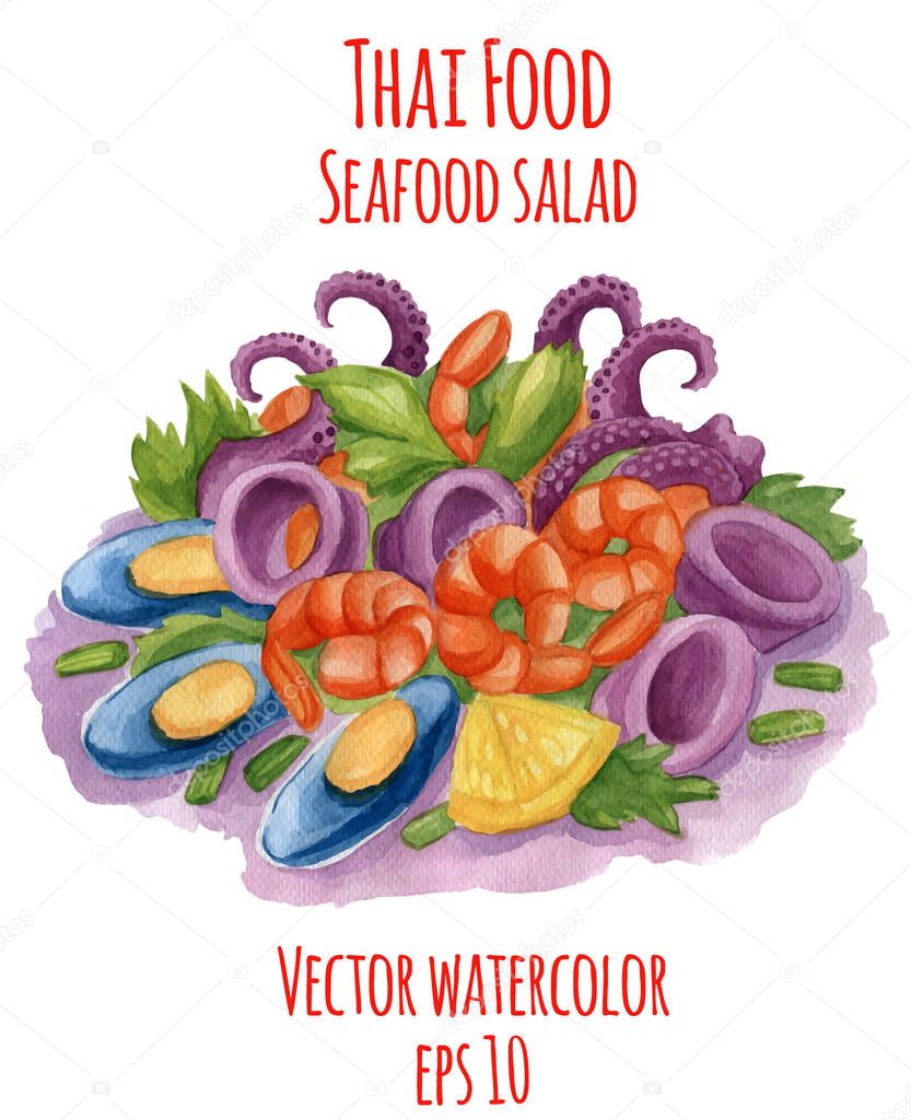 Watercolor-style vector illustration of Thai-food dish. Spicy seafood salad.