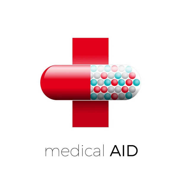 Icono vectorial ayuda médica. Cruz con píldora — Vector de stock