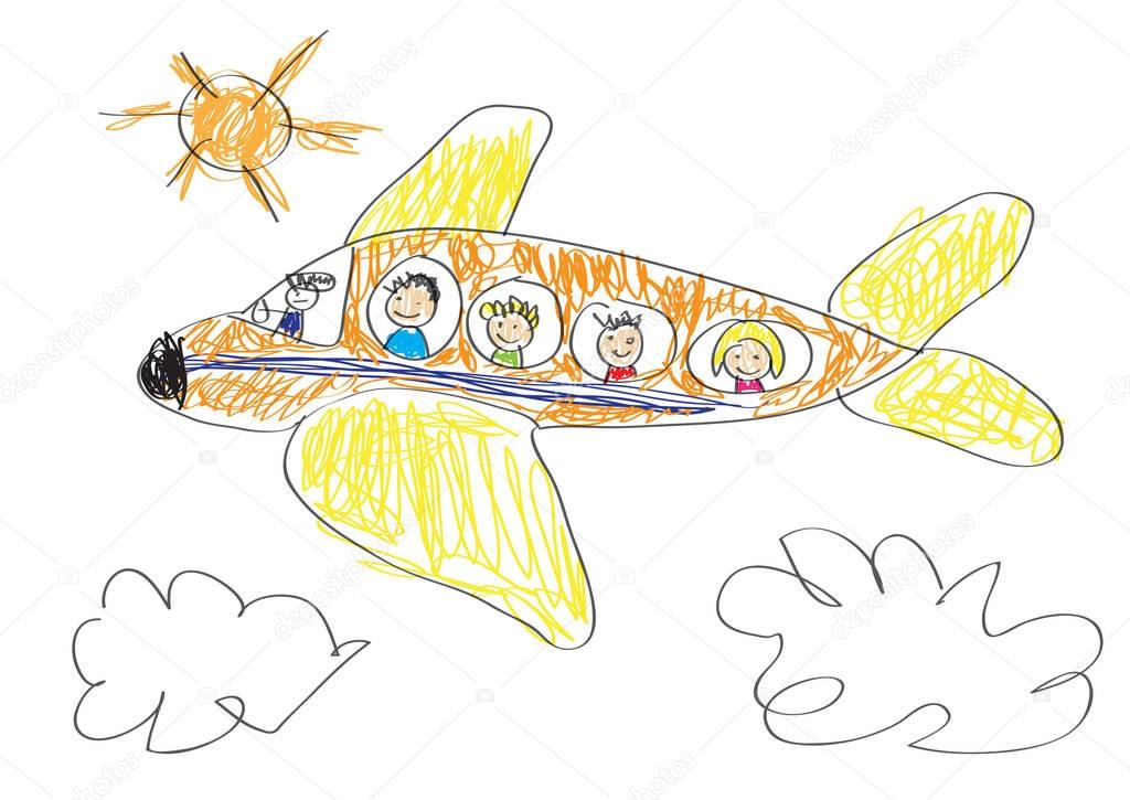 Vector drawing made by a child, happy family that goes on vacati
