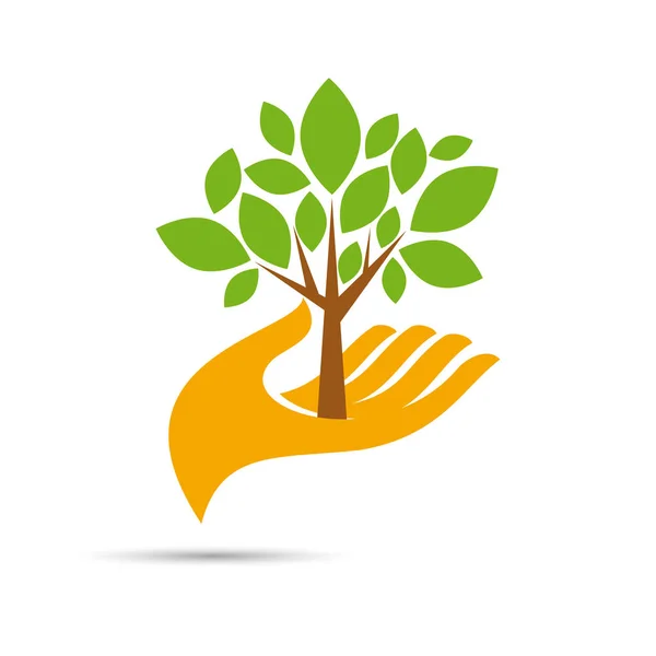 Vector signo ambiente amigable, mano y árbol — Vector de stock