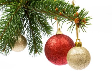 Noel tebrik kartı. Topları ve süsleme o izole ağaç