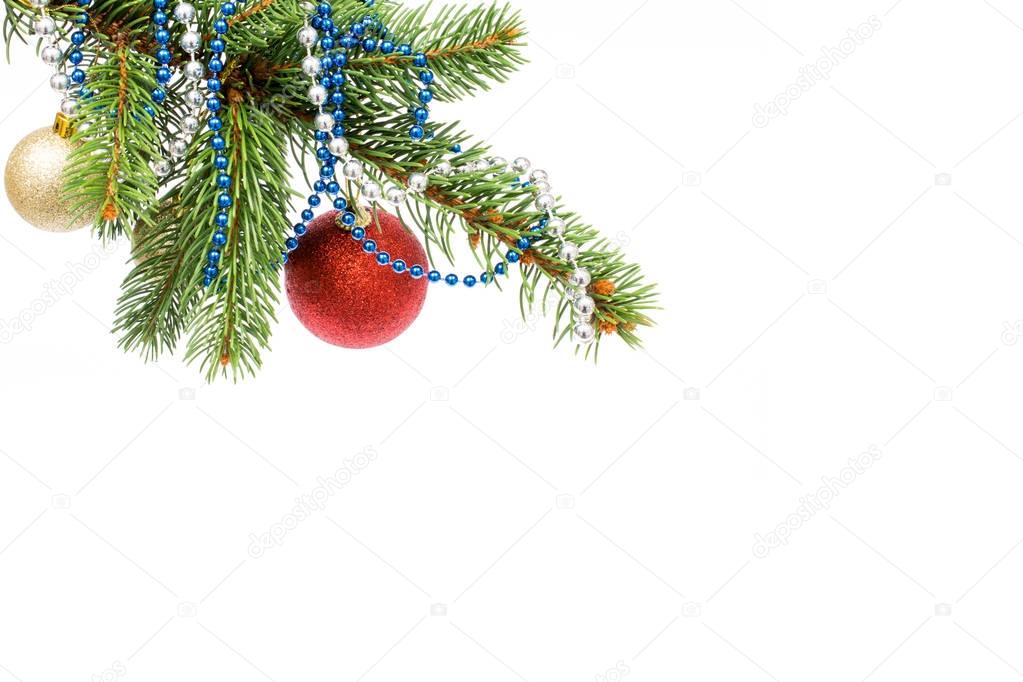 Christmas greeting card. Isolated tree with balls and ornament o