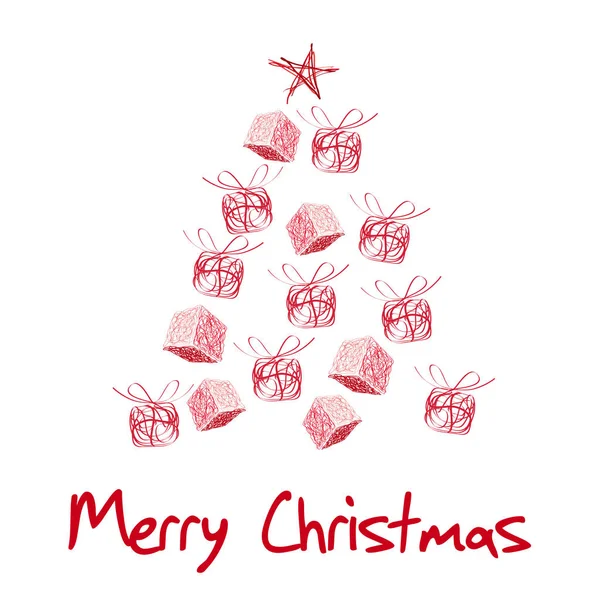 Árbol de navidad alegre con ilustración de tarjeta vectorial de regalo y caja — Vector de stock