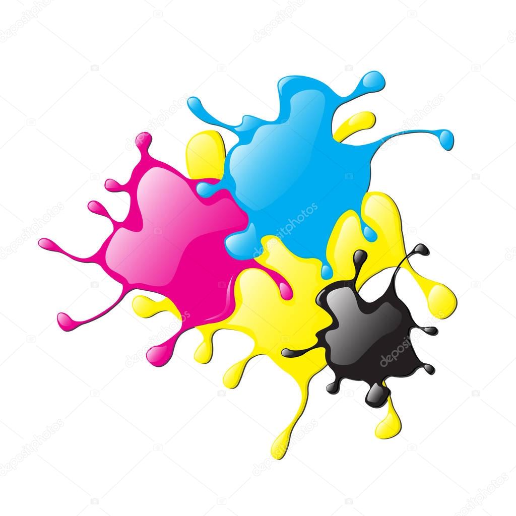 Colored varnish splashes in abstract shape, printer in CMYK