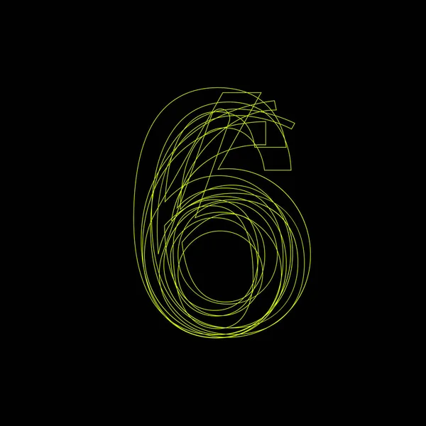 Vector teken lineaire fluorescerende nummer 6, groen licht op zwarte b — Stockvector