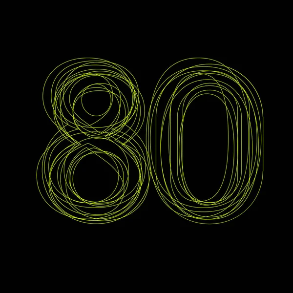 Signe vectoriel numéro 80 fluorescent linéaire, lumière verte sur noir — Image vectorielle