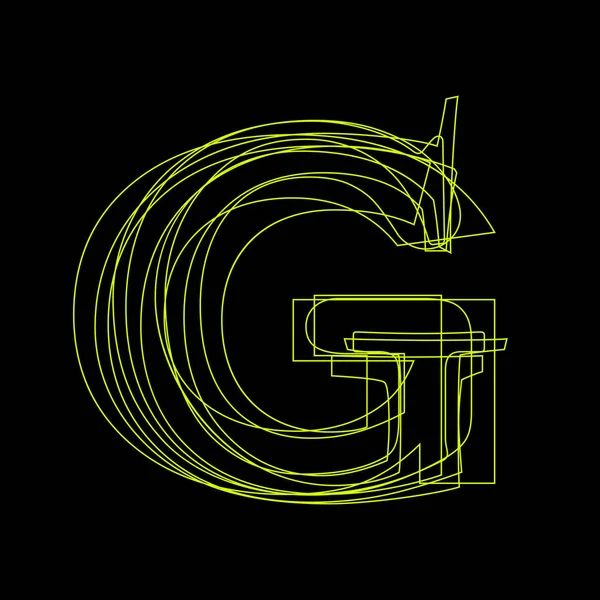Segnale vettoriale lineare fluorescente lettera G, luce verde su b nero — Vettoriale Stock
