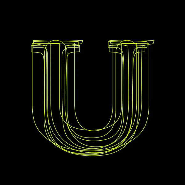 Signo vectorial lineal fluorescente letra U, luz verde sobre negro b — Vector de stock