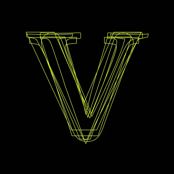 Vector sign linear fluorescent letter V,  green light on black b — Stock Vector