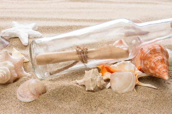 Message in bottle on the beach. Summer background with hot sand — Stock Photo, Image