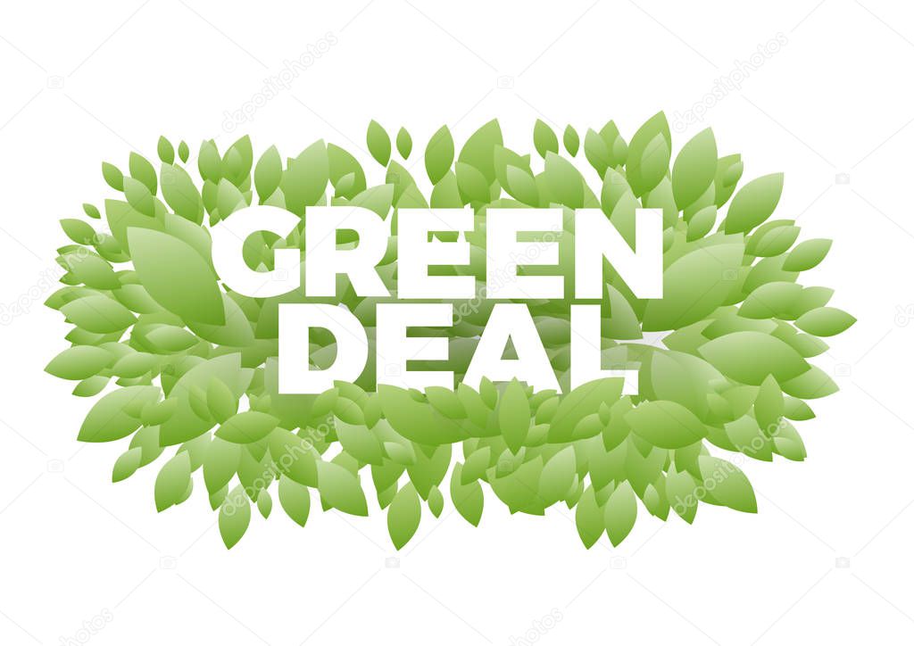 the word Green Deal. Conceptual illustration with leaves and tex
