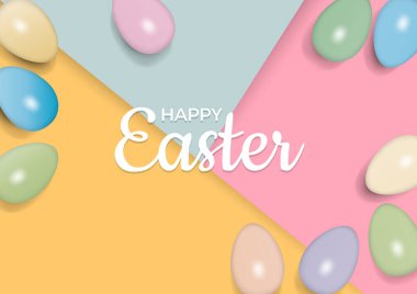 Paskalya arkaplanı pembe, mavi ve sarı renkli yumurtalar, vec