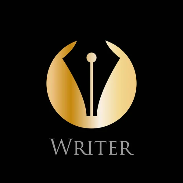 Vektorns logotyp författare. Reservoarpenna i gyllene cirkel på svart bas — Stock vektor