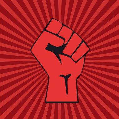 Vektör elini kaldırdı. Devrim ya da protesto kavramı. Red Backgroun 'da kapalı yumruk