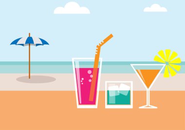 Kokteyl partisi davetiyesi. Klasik poster, düz dizayn vektör siyah arkaplan, plajda şemsiye, yaz grubu