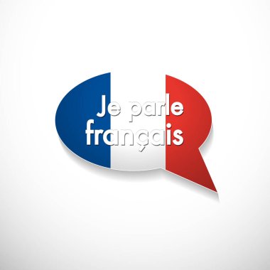 Fransız bayrağında Je Parle Francais kelimesi, konuşma ve dil, vektör simgesi
